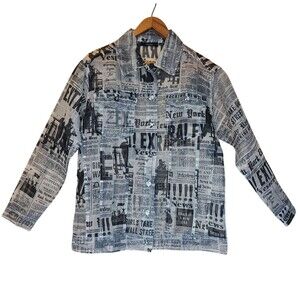 Forever 21 Shirt Womens Medium Black White Newsprint Button Up Sheer Blouse Top